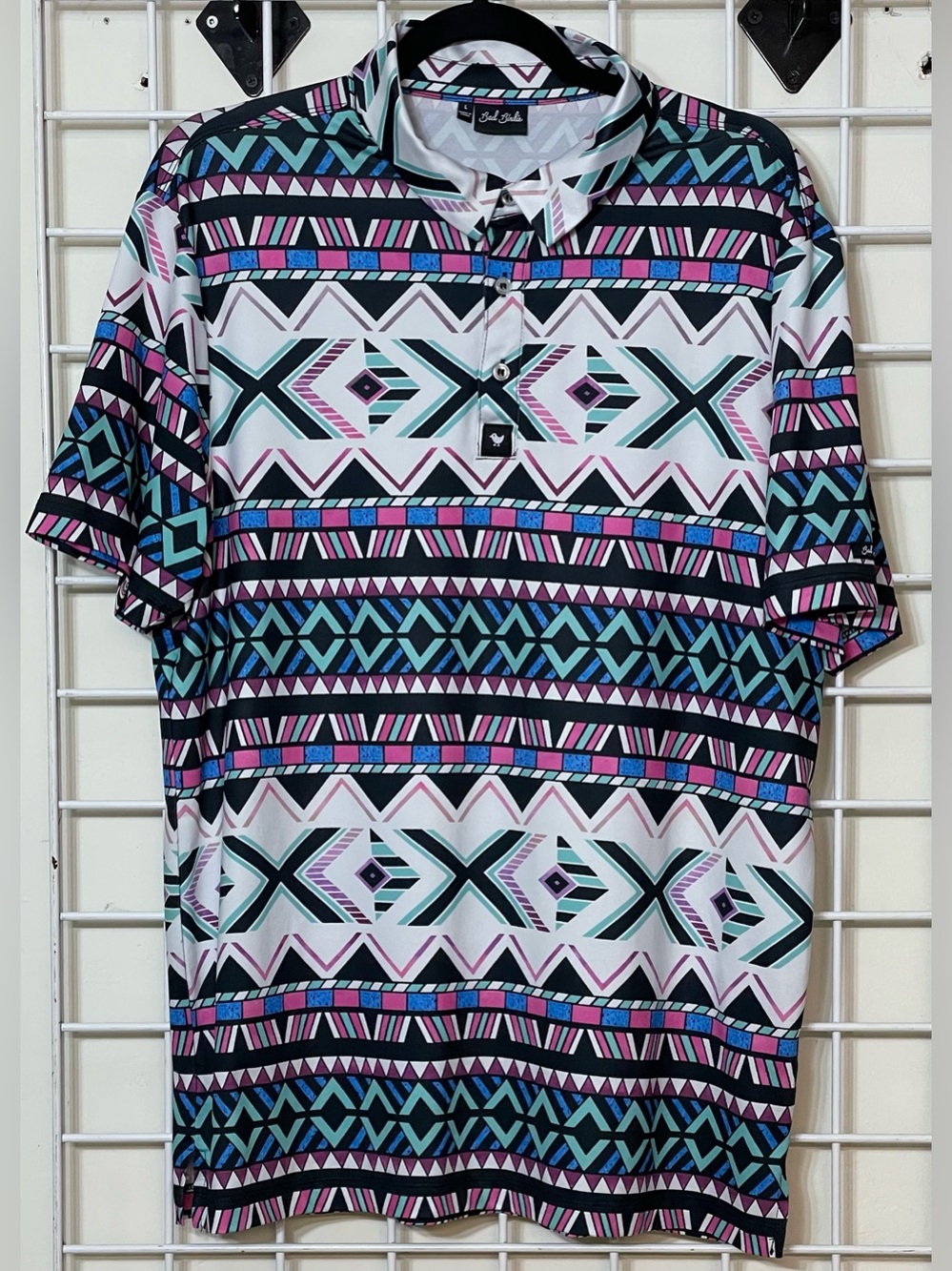 Bad Birdie Multicolor Geometric Aztec Polo in Teal, Pink, Black & White Size L